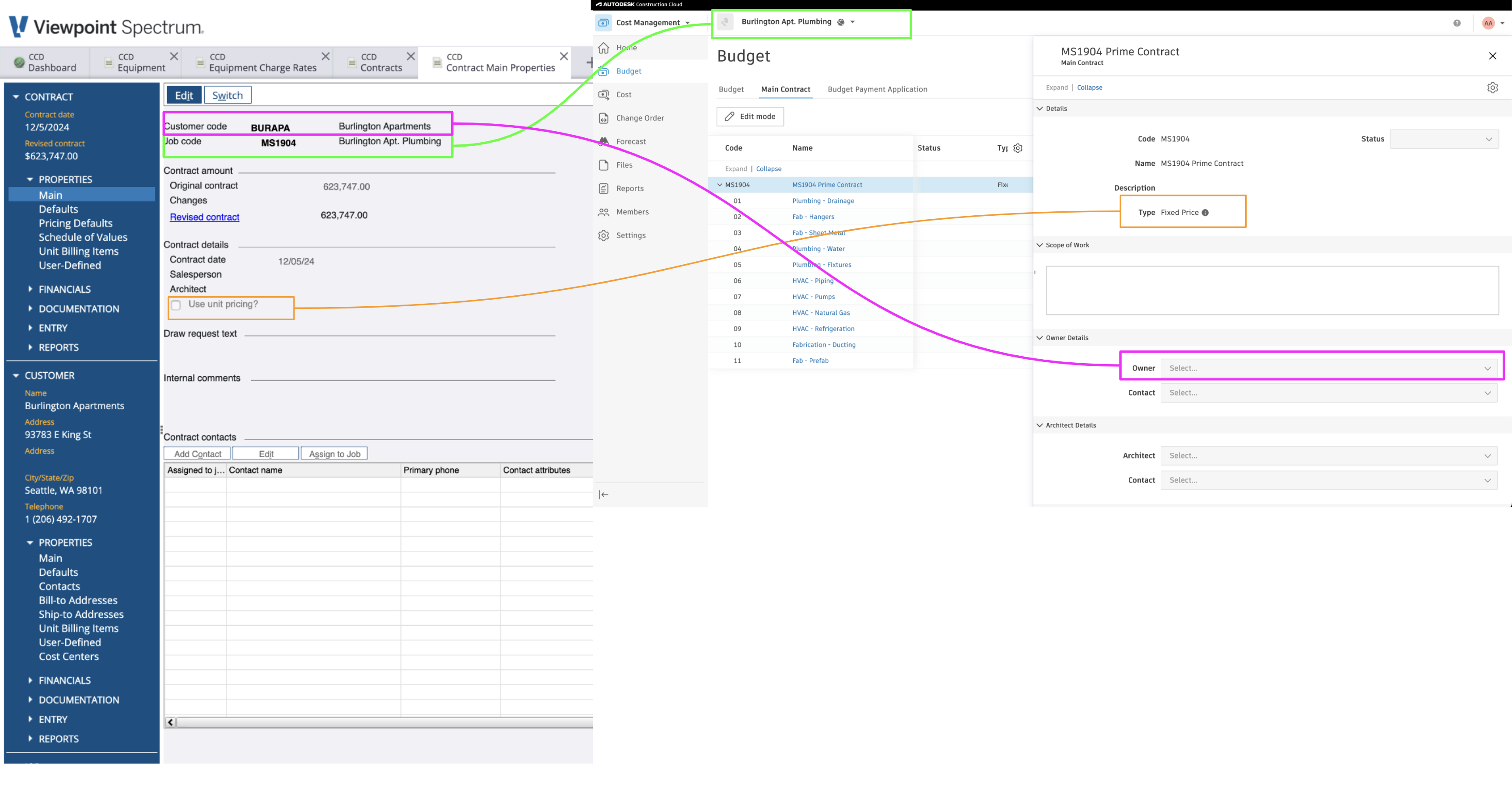 Autodesk Build and Spectrum Prime Contracts Visual Mapping