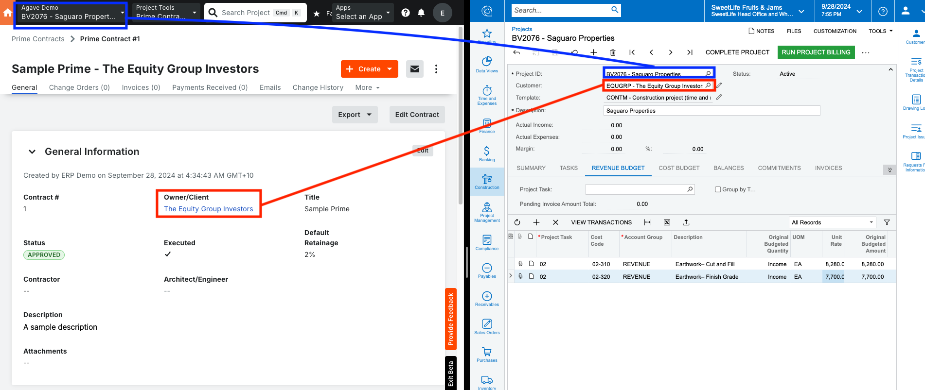 Procore and Acumatica Prime Contracts Visual Mapping