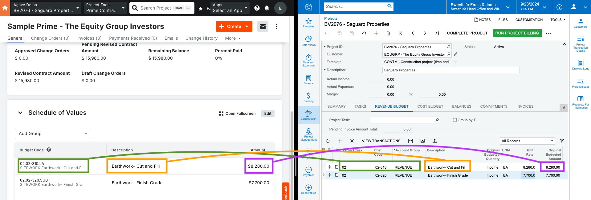 Procore and Acumatica Prime Contracts Visual Mapping