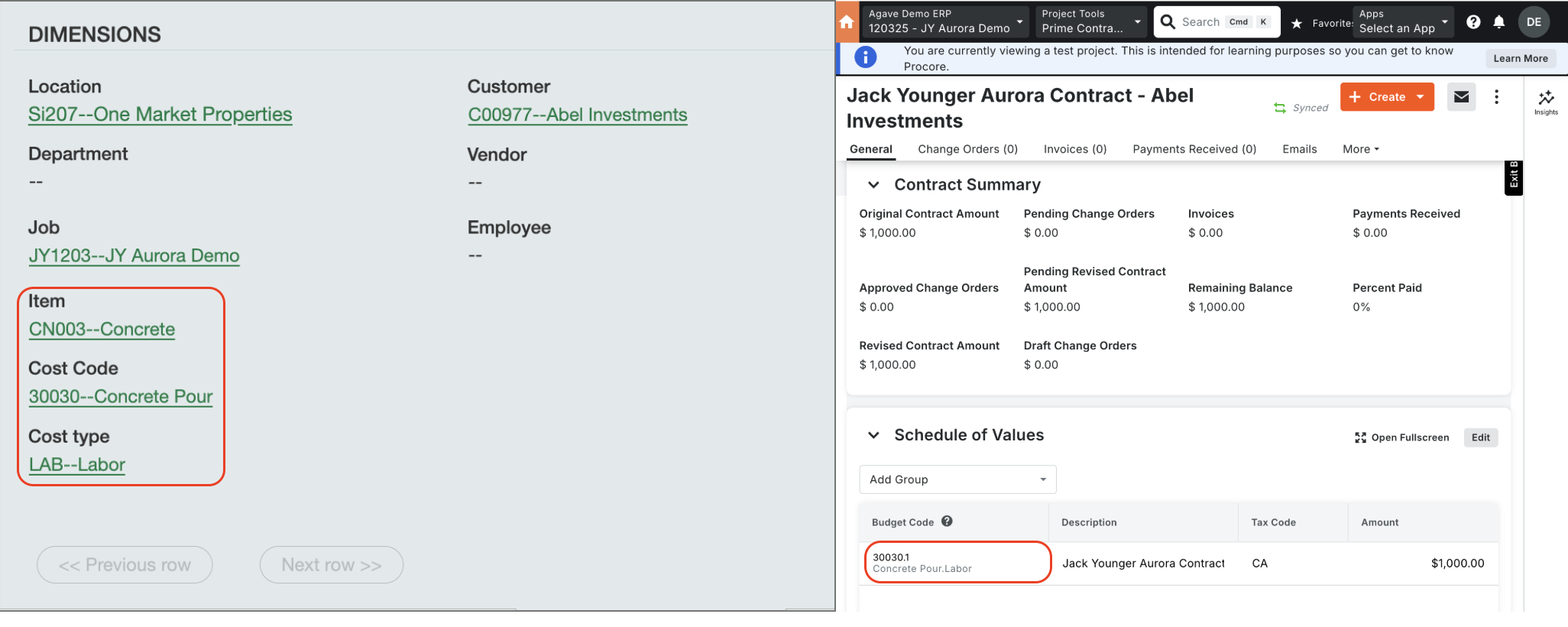 Procore and Sage Intacct Visual Mapping