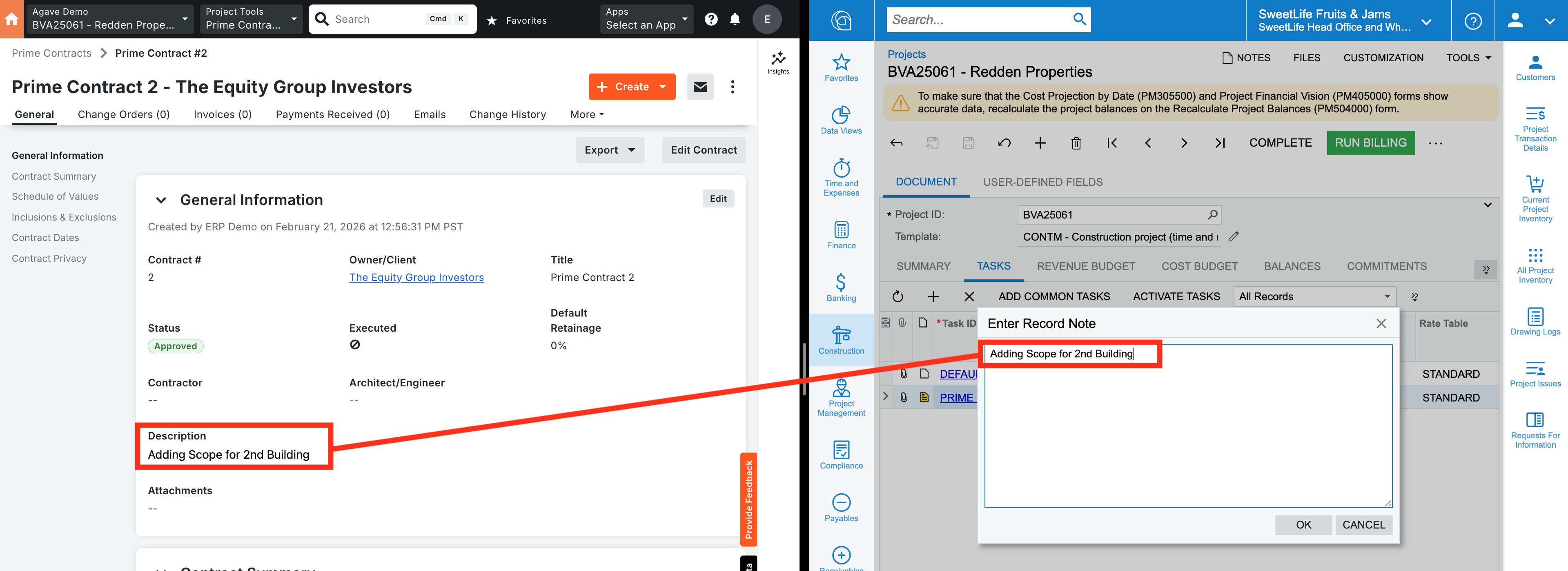 Procore and Acumatica Multiple Prime Contracts Description