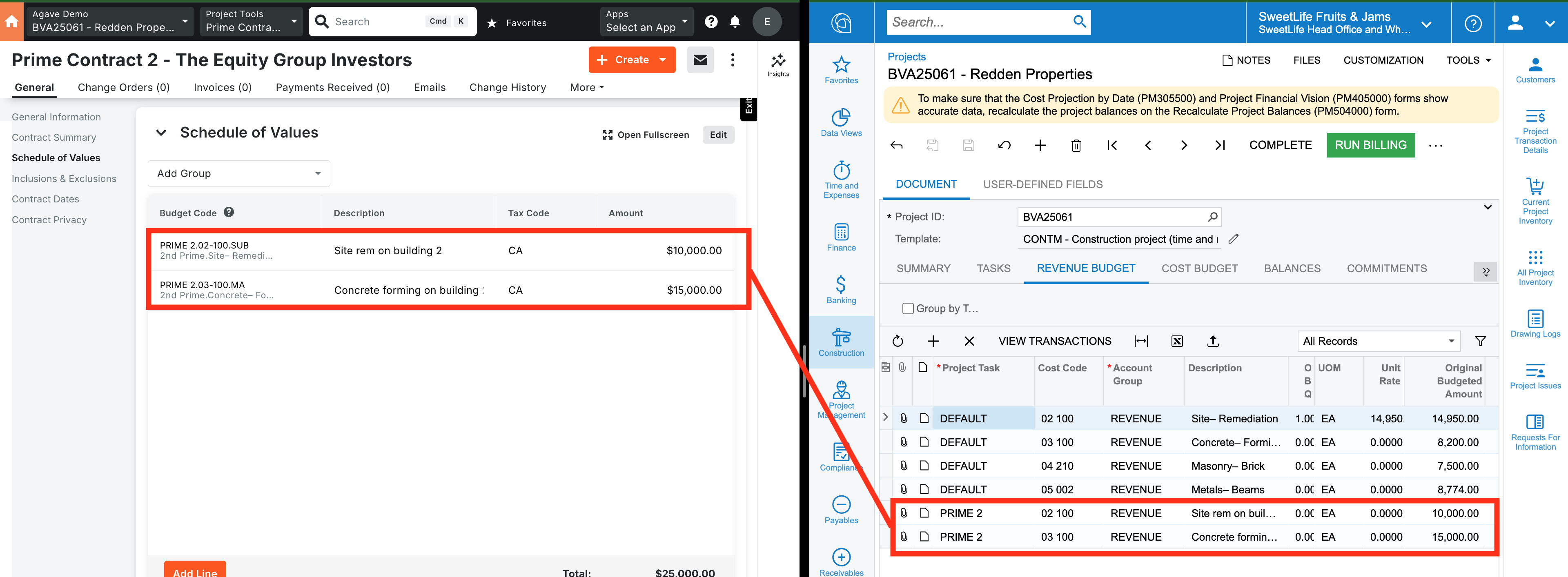 Procore and Acumatica Multiple Prime Contracts Example