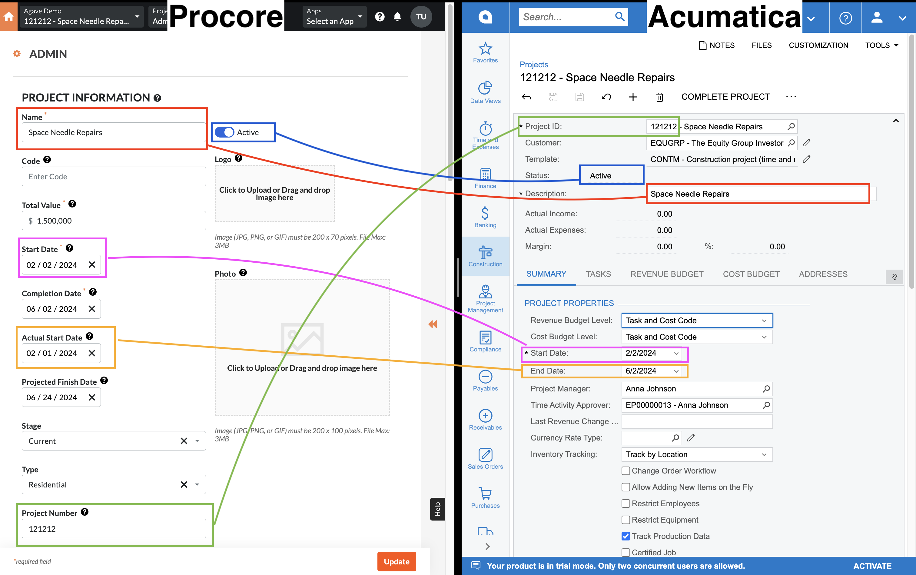 Procore and Acumatica Projects Visual Mapping