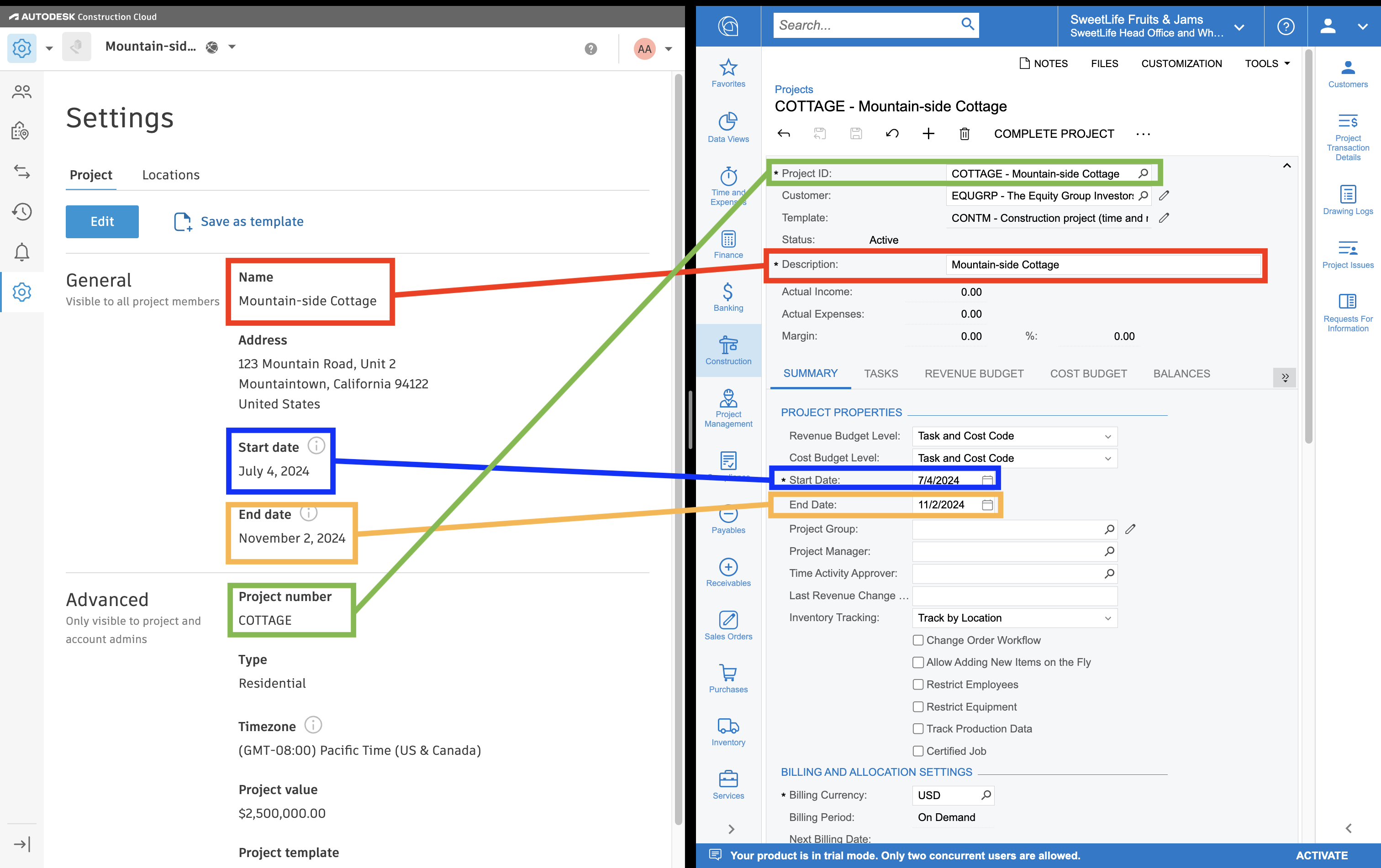 Autodesk Build and Acumatica Projects Mapping