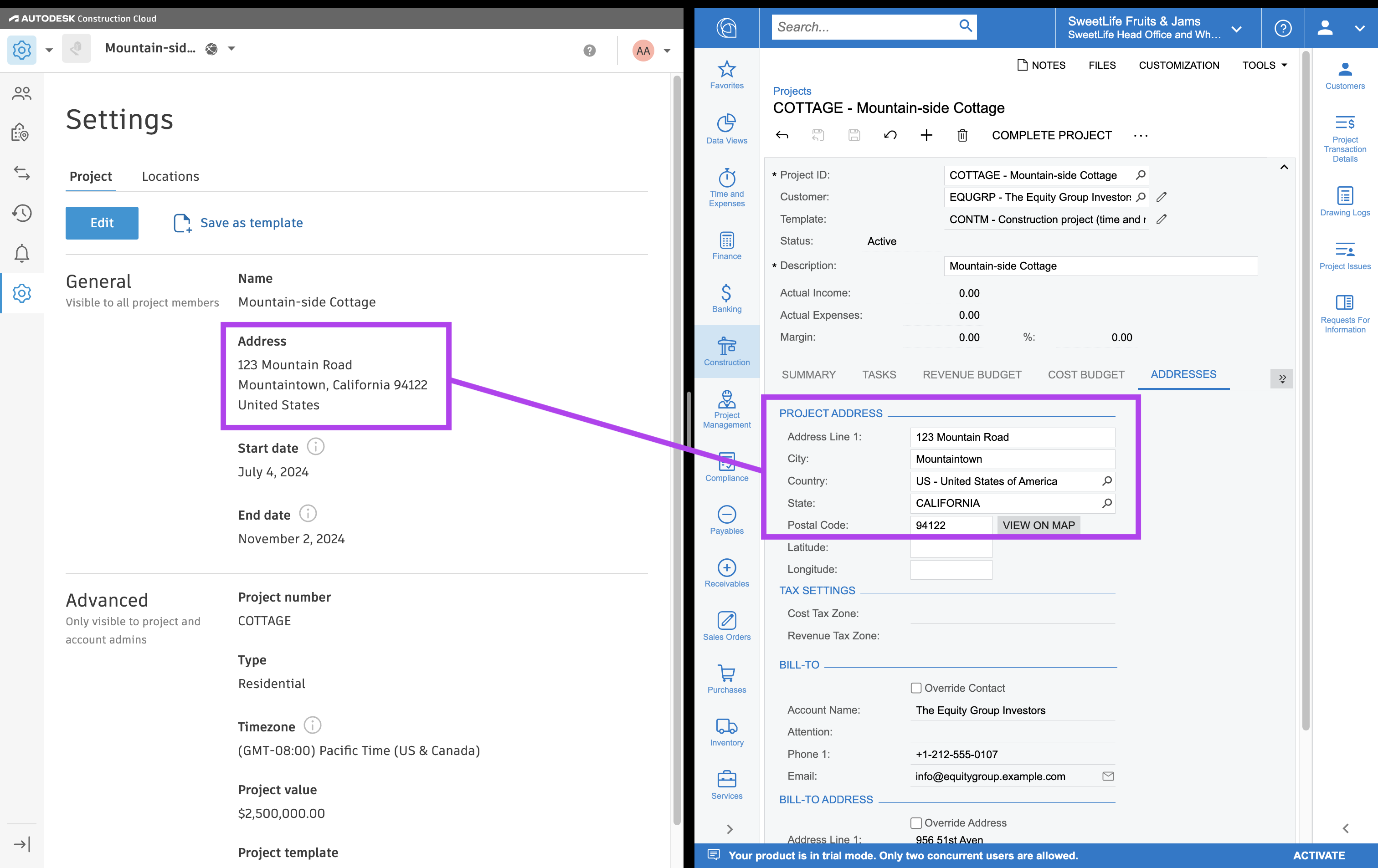 Autodesk Build and Acumatica Projects Mapping