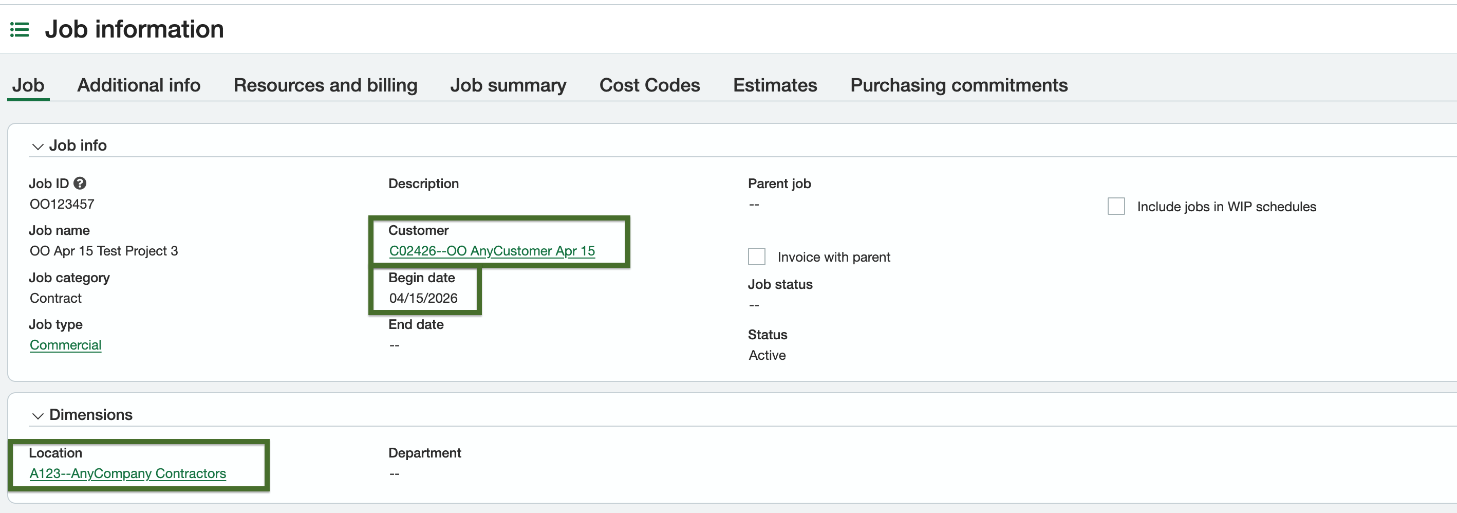 Sage Intacct Recommended Project Fields