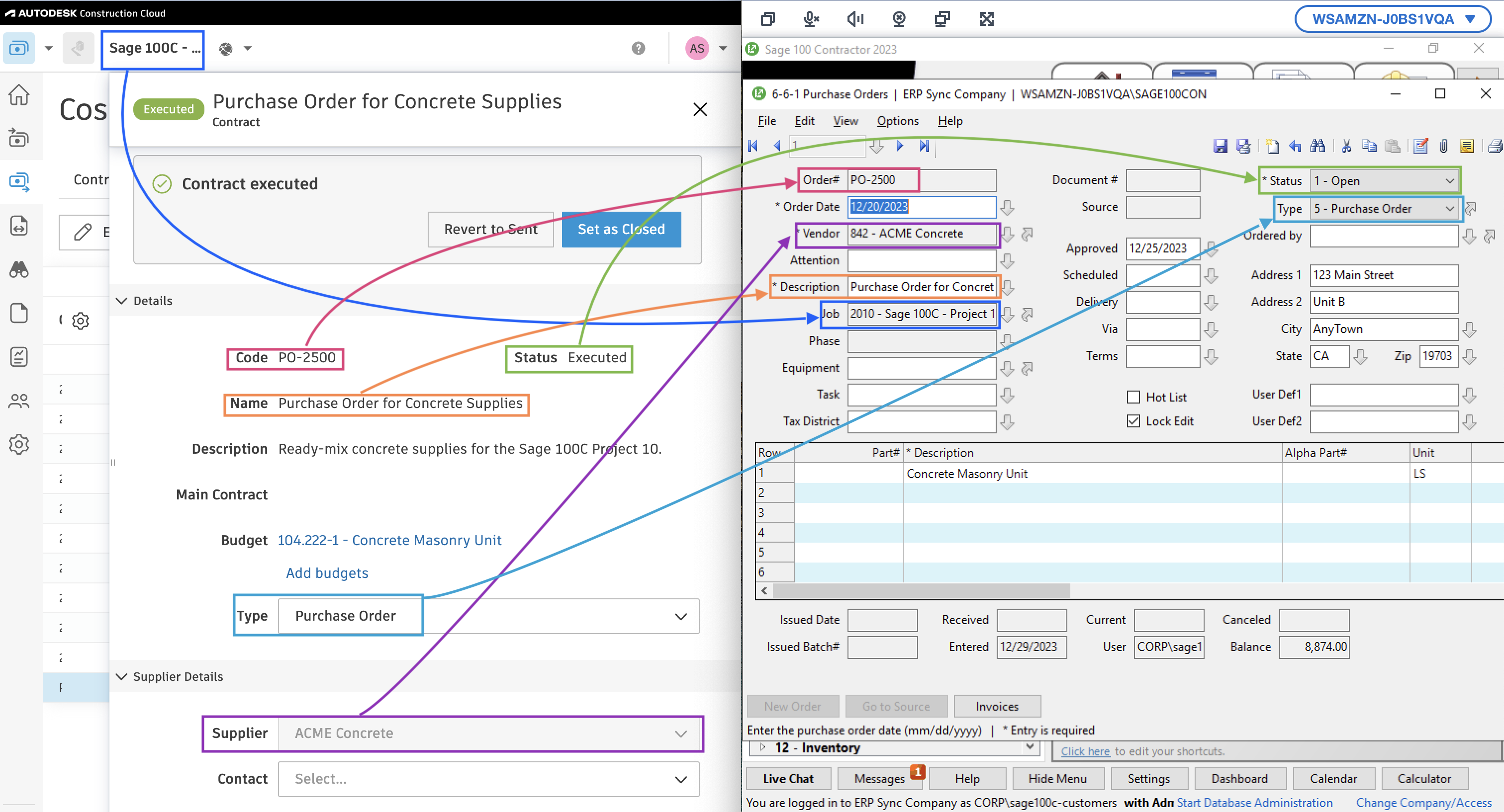 Autodesk Build and Sage 100 Purchase Orders Mapping