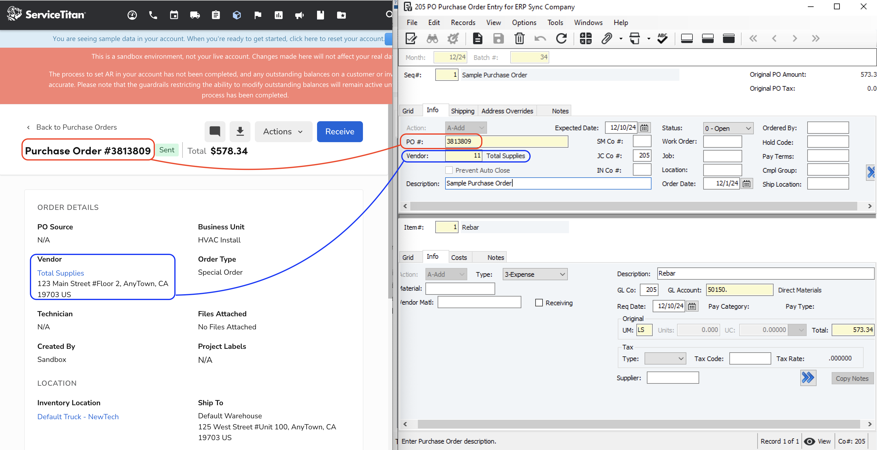 ServiceTitan and Vista Purchase Orders Visual Mapping