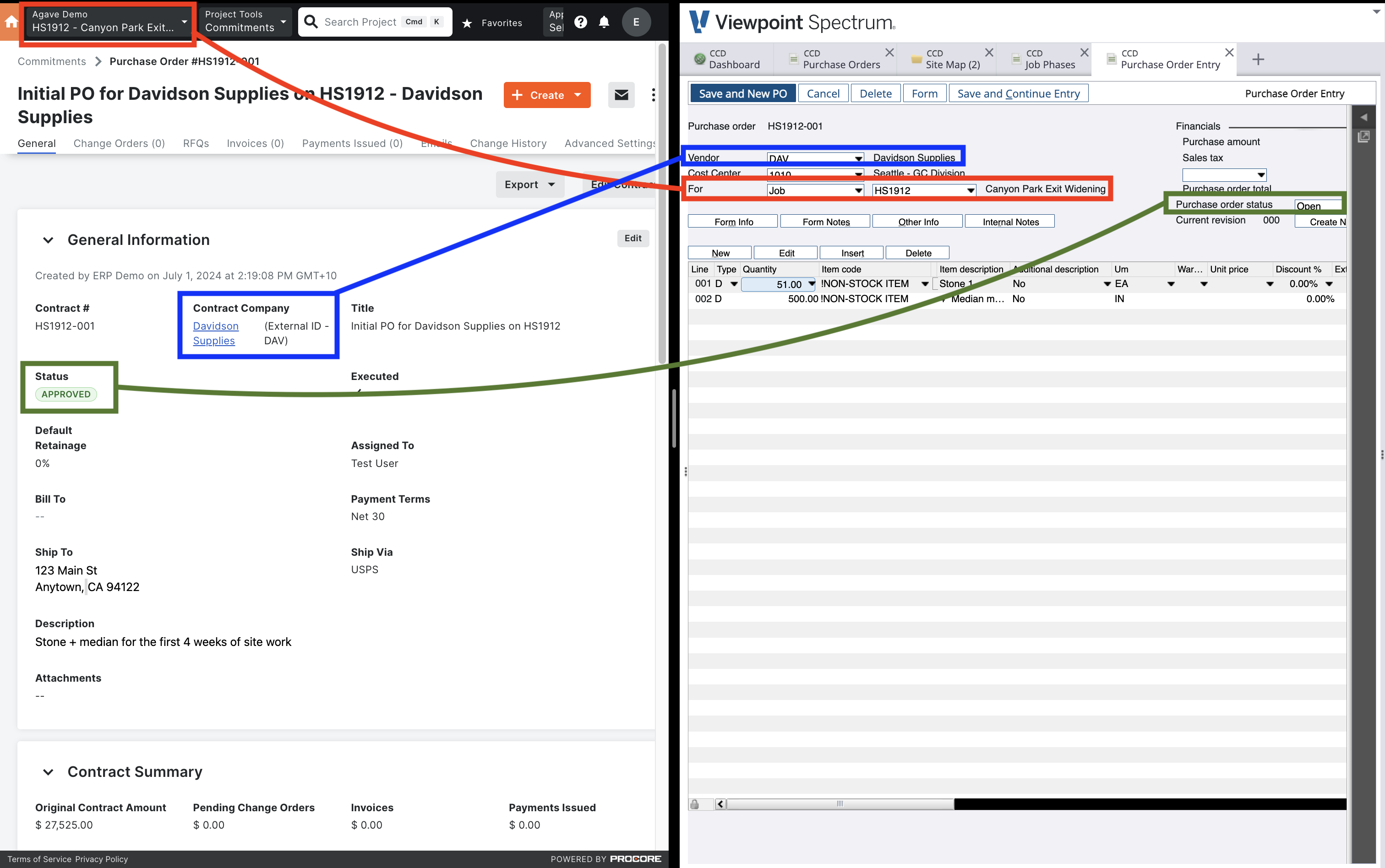 Procore and Spectrum Purchase Order Visual Mapping