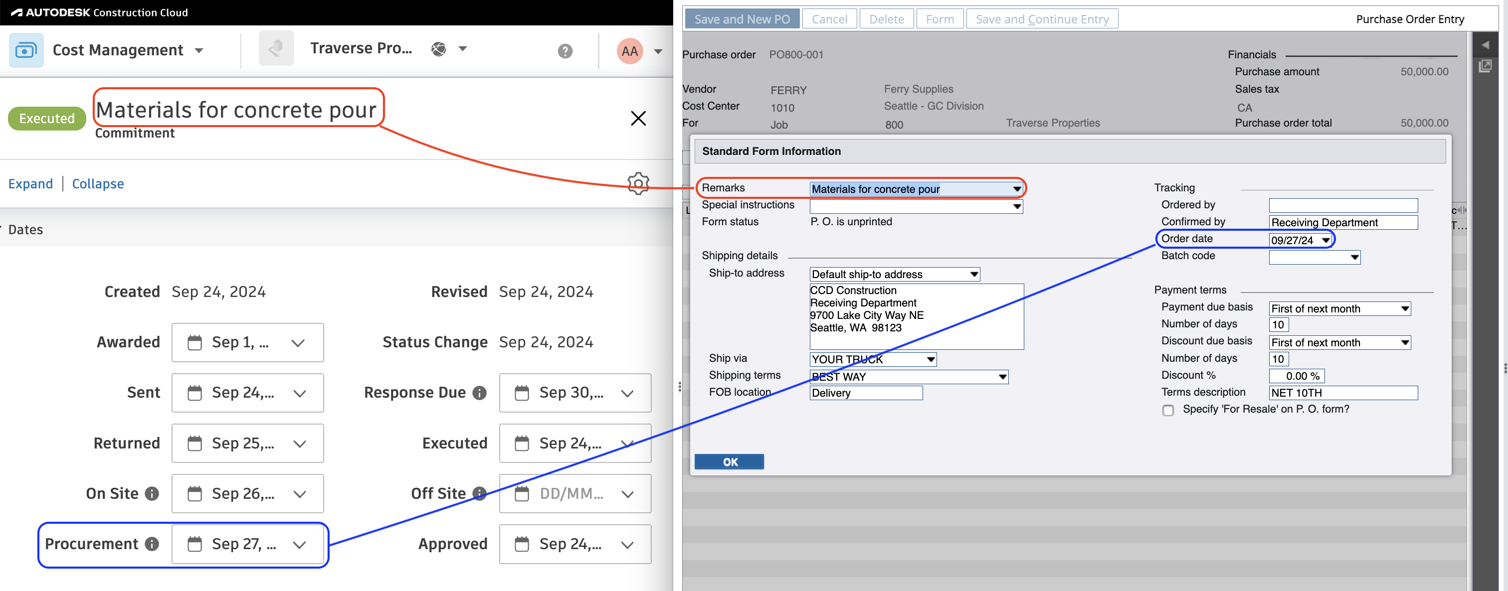 Autodesk Build and Spectrum Purchase Orders Visual Mapping