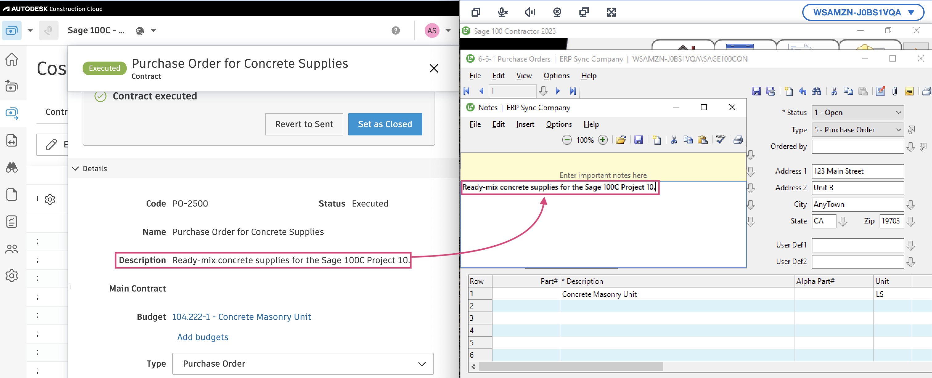 Autodesk Build and Sage 100 Purchase Orders Mapping