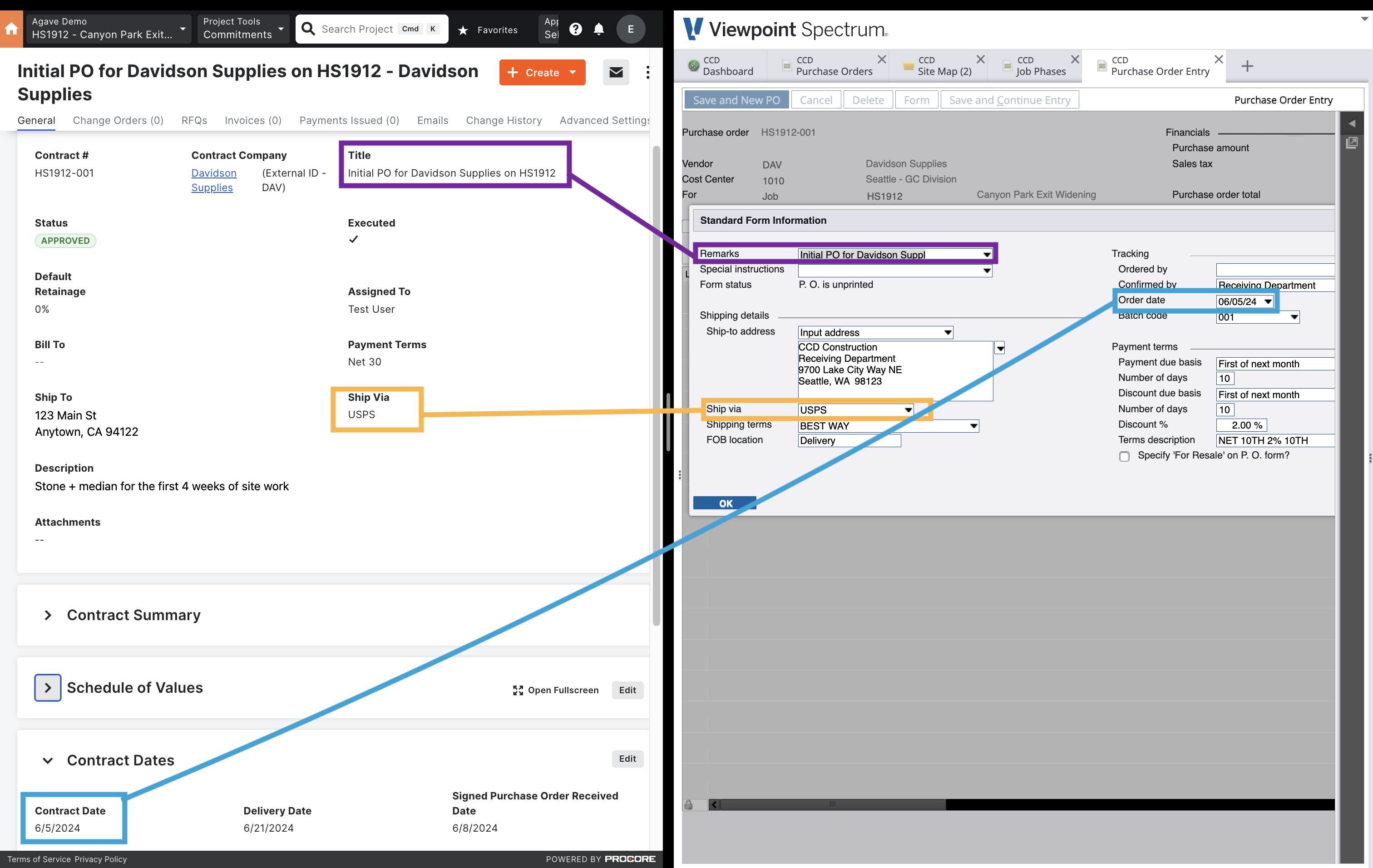 Procore and Spectrum Purchase Order Visual Mapping