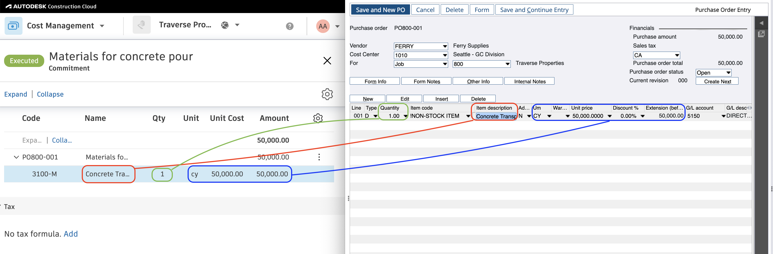 Autodesk Build and Spectrum Purchase Orders Visual Mapping