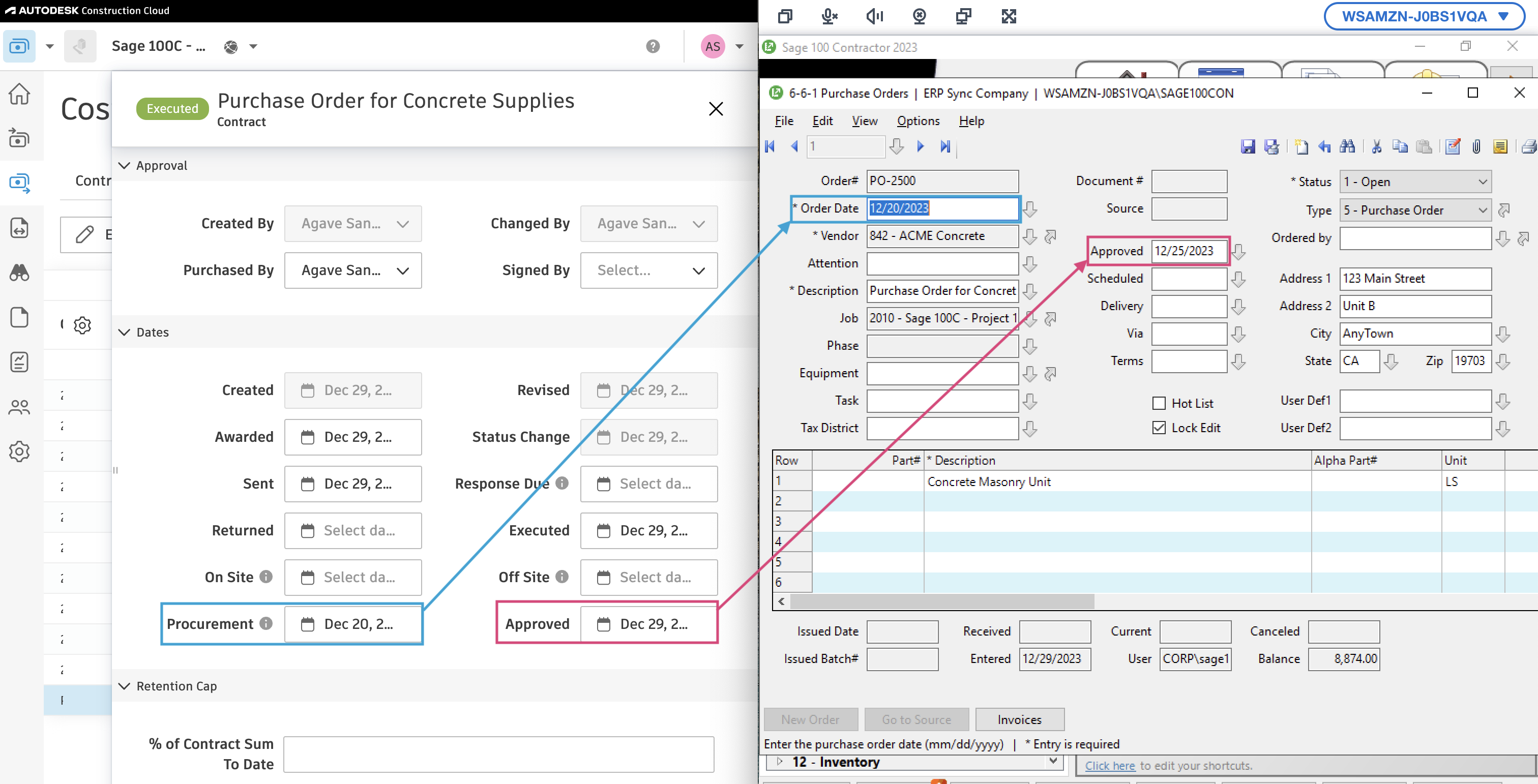 Autodesk Build and Sage 100 Purchase Orders Mapping