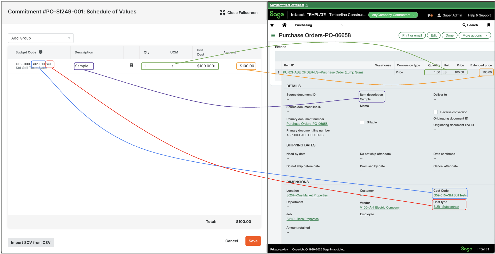 Procore and Sage Intacct Visual Mapping