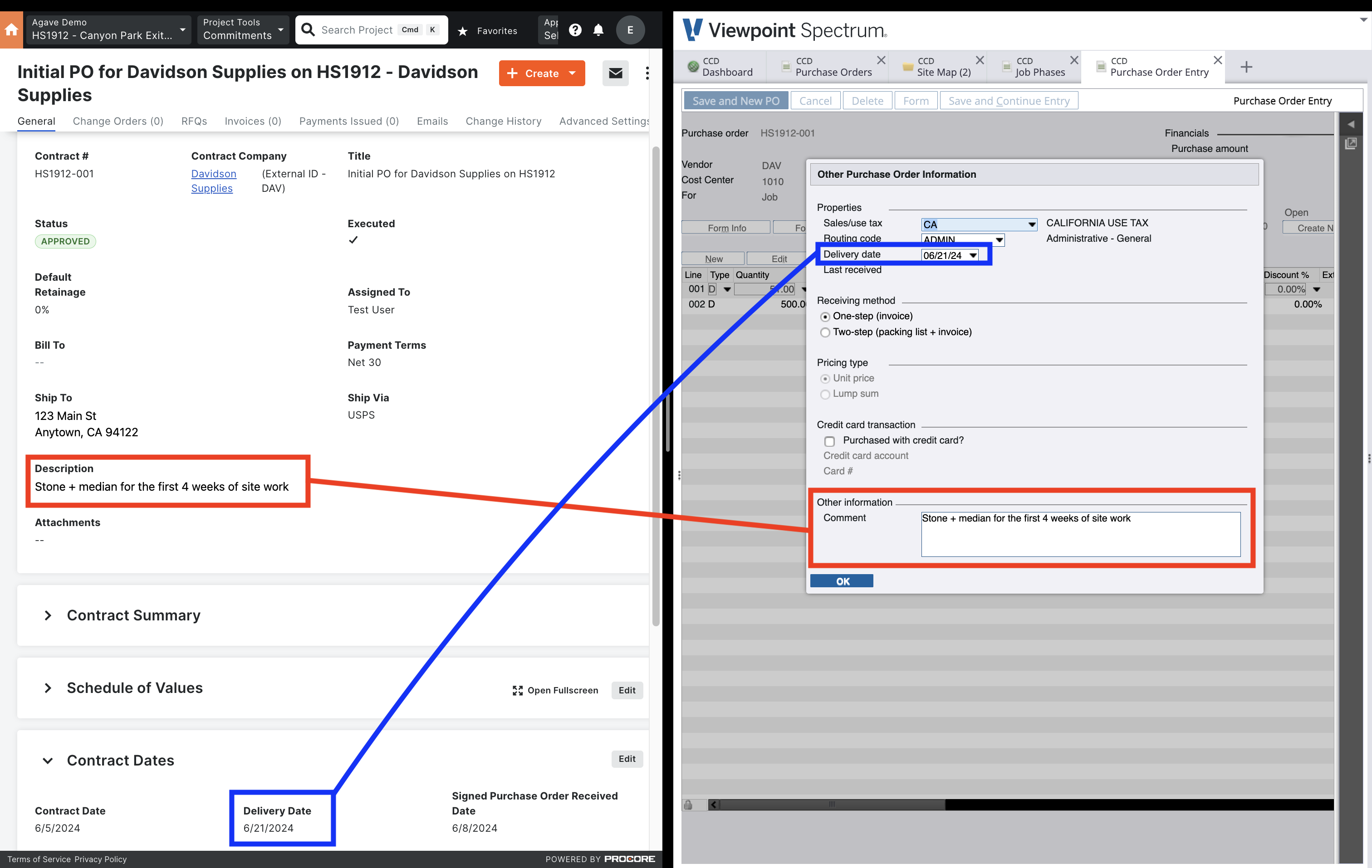 Procore and Spectrum Purchase Order Visual Mapping