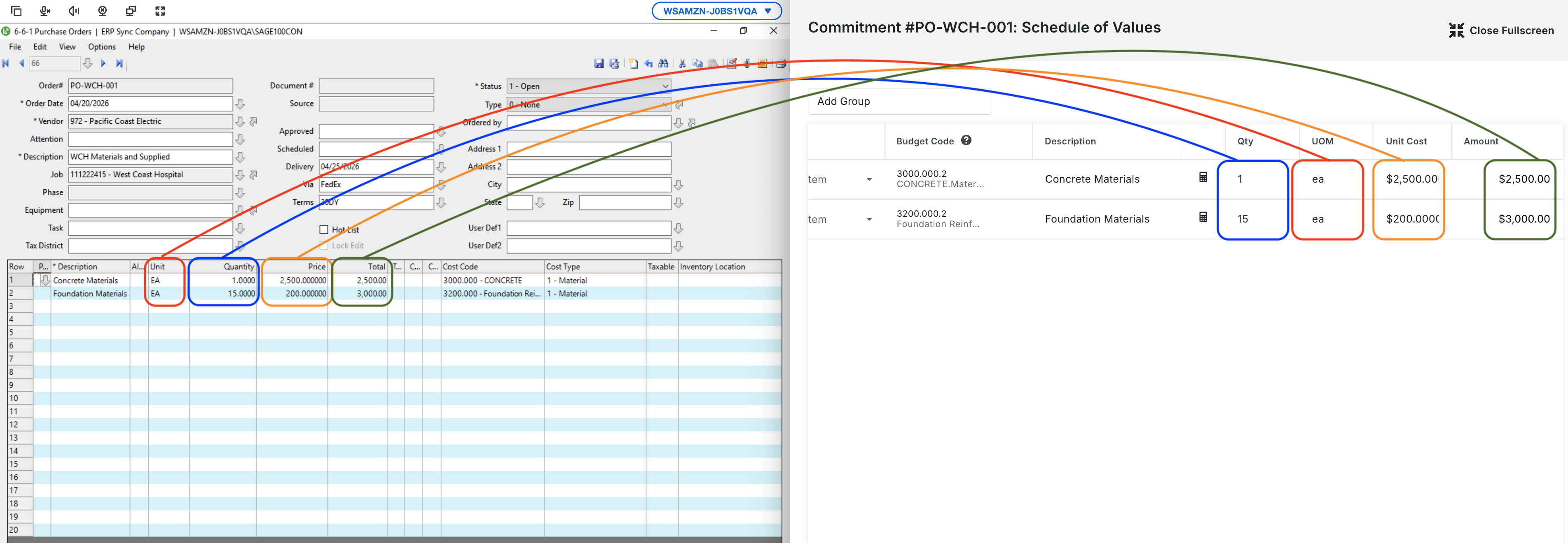 Procore and Sage 100 Purchase Orders Mapping 3
