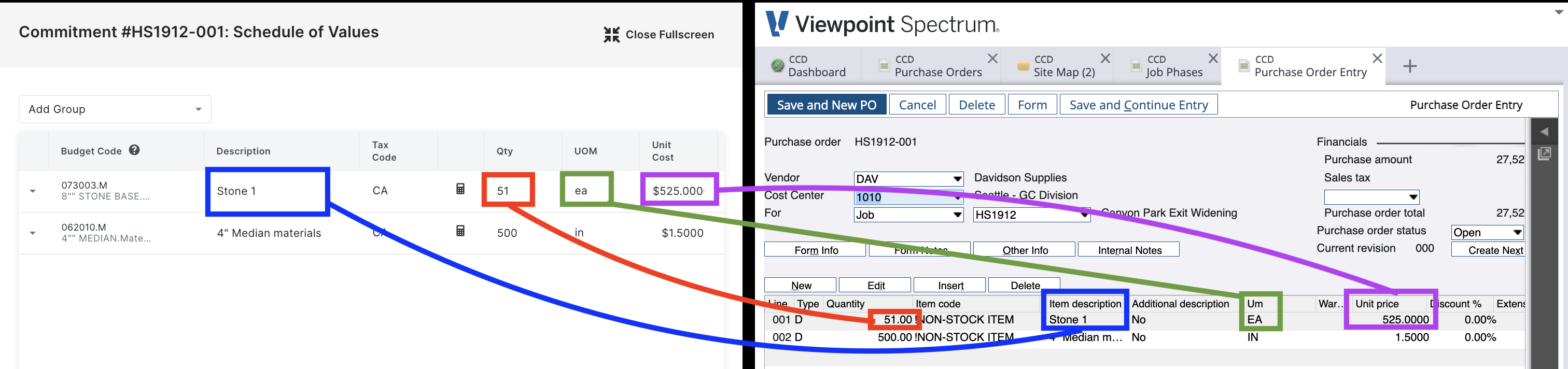 Procore and Spectrum Purchase Order Visual Mapping