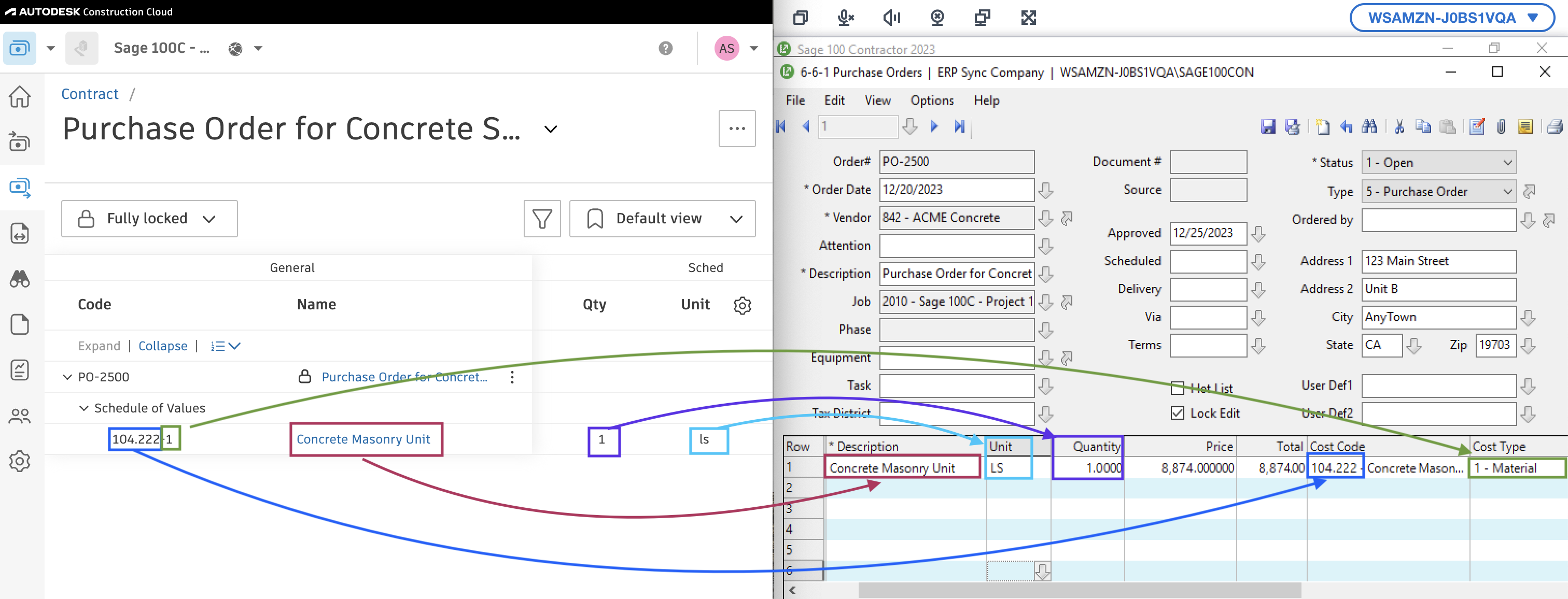 Autodesk Build and Sage 100 Purchase Orders Mapping