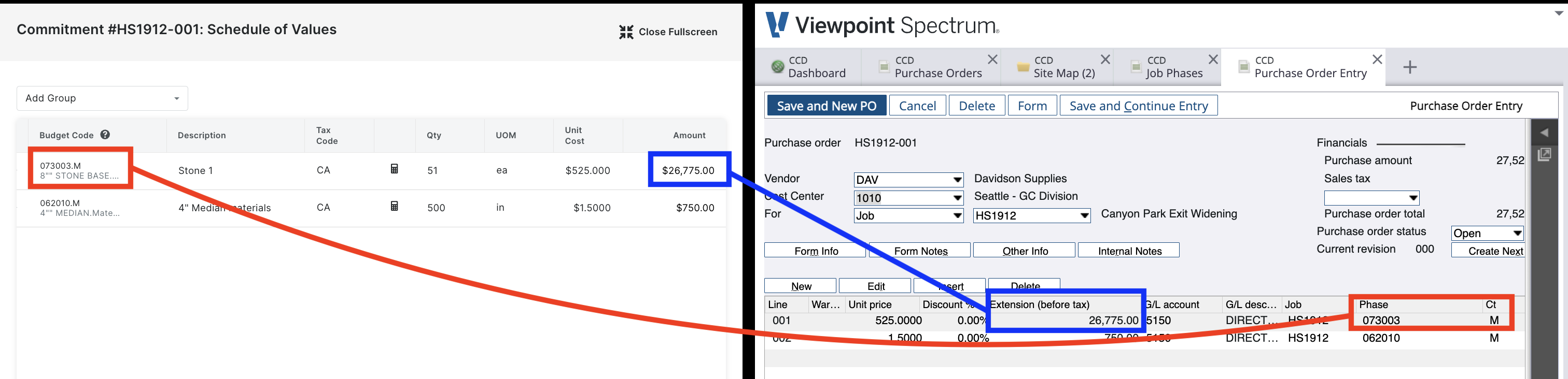 Procore and Spectrum Purchase Order Visual Mapping