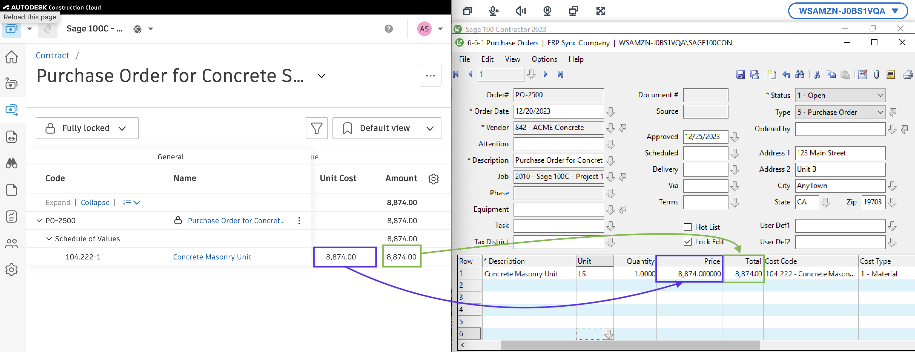 Autodesk Build and Sage 100 Purchase Orders Mapping