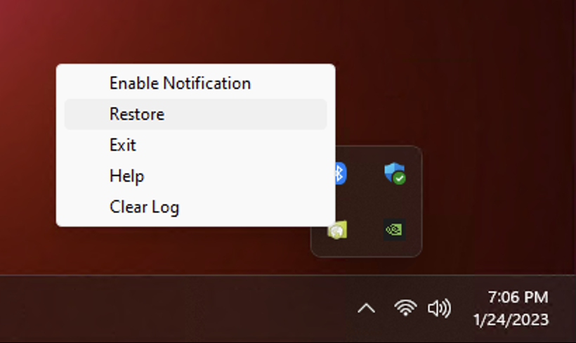 Restore from Windows Tray