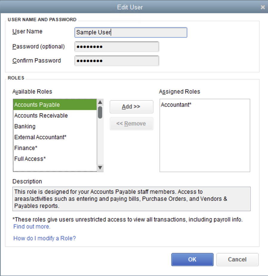 Roles assigned to a User