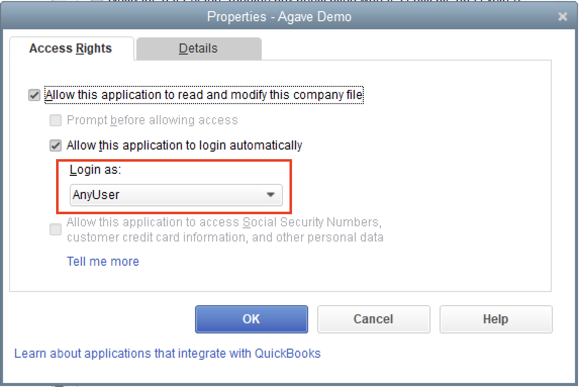 Application Properties showing Login as user