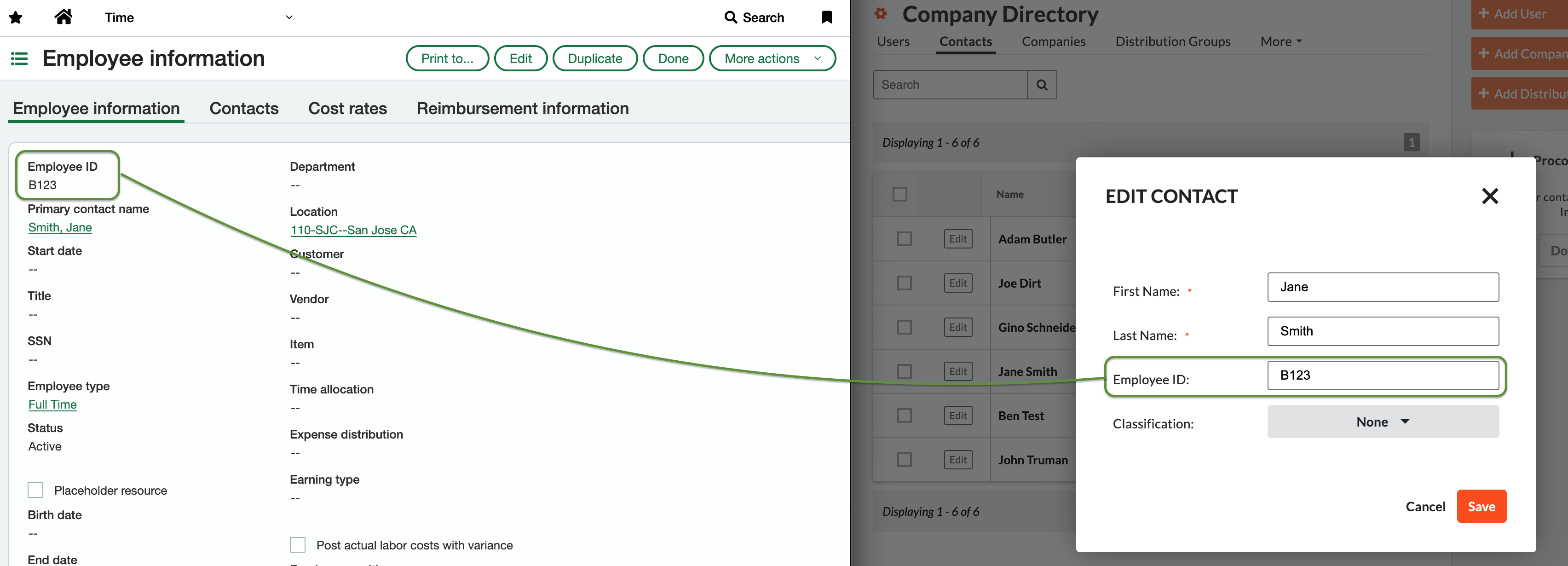 Sage Intacct to Procore Employees Visual Mapping (synced as a Contact)