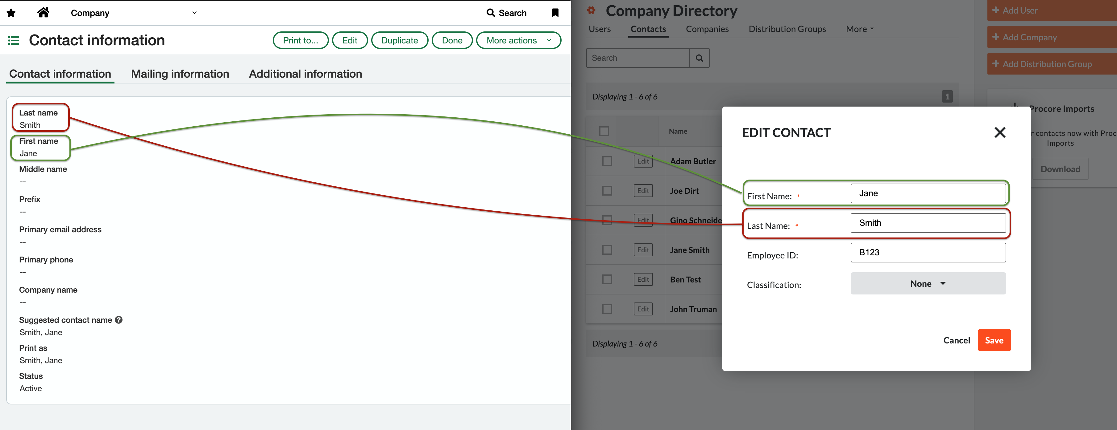 Sage Intacct to Procore Employees Visual Mapping (synced as a Contact)