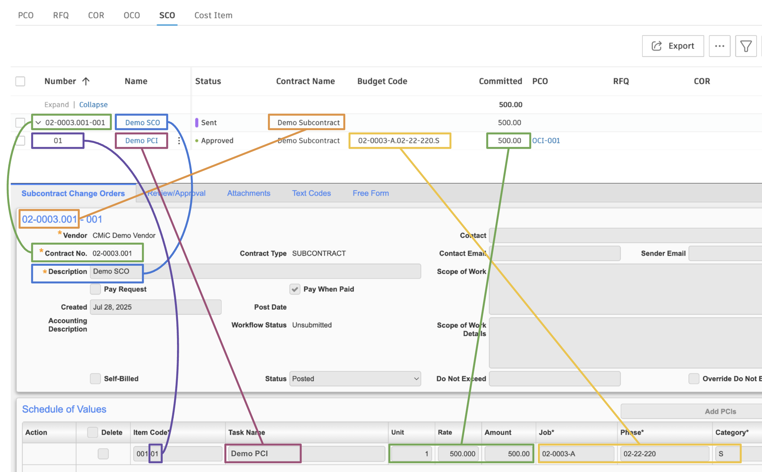 Autodesk Build and CMiC Subcontract Change Orders Mapping