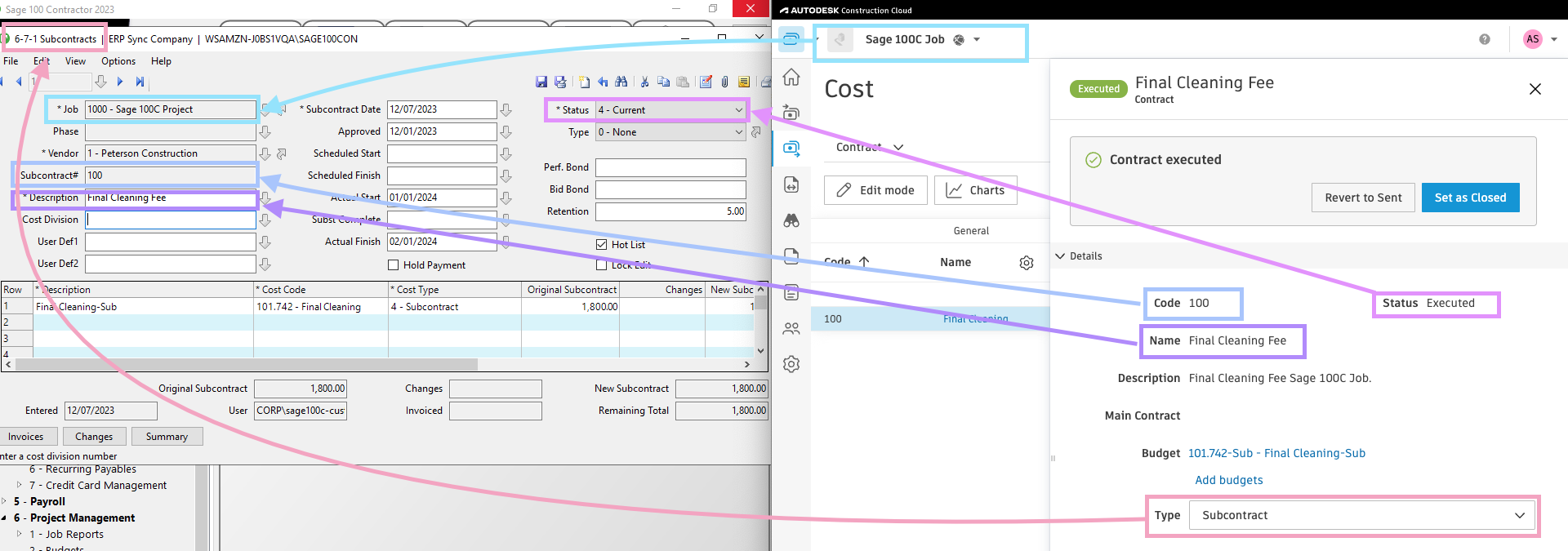 Autodesk Build and Sage 100 Subcontracts Mapping