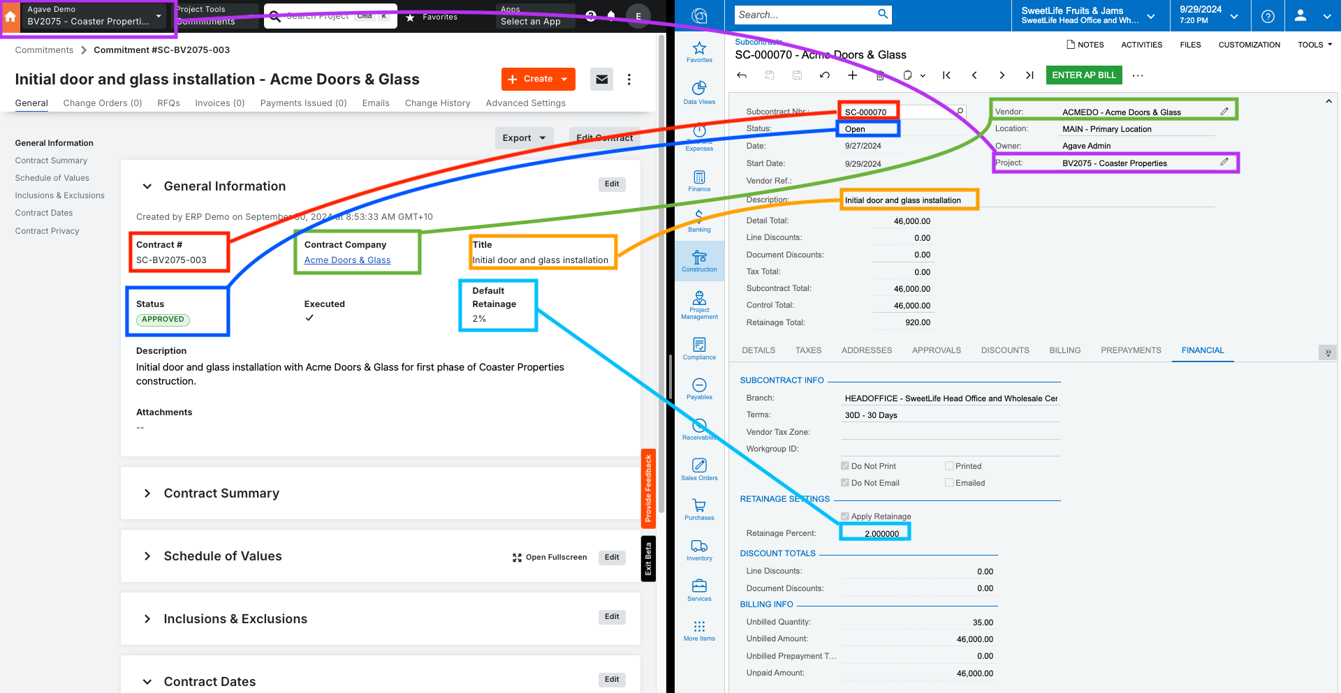 Procore and Acumatica Subcontracts Visual Mapping