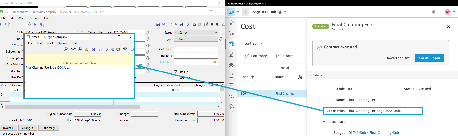 Autodesk Build and Sage 100 Subcontracts Mapping