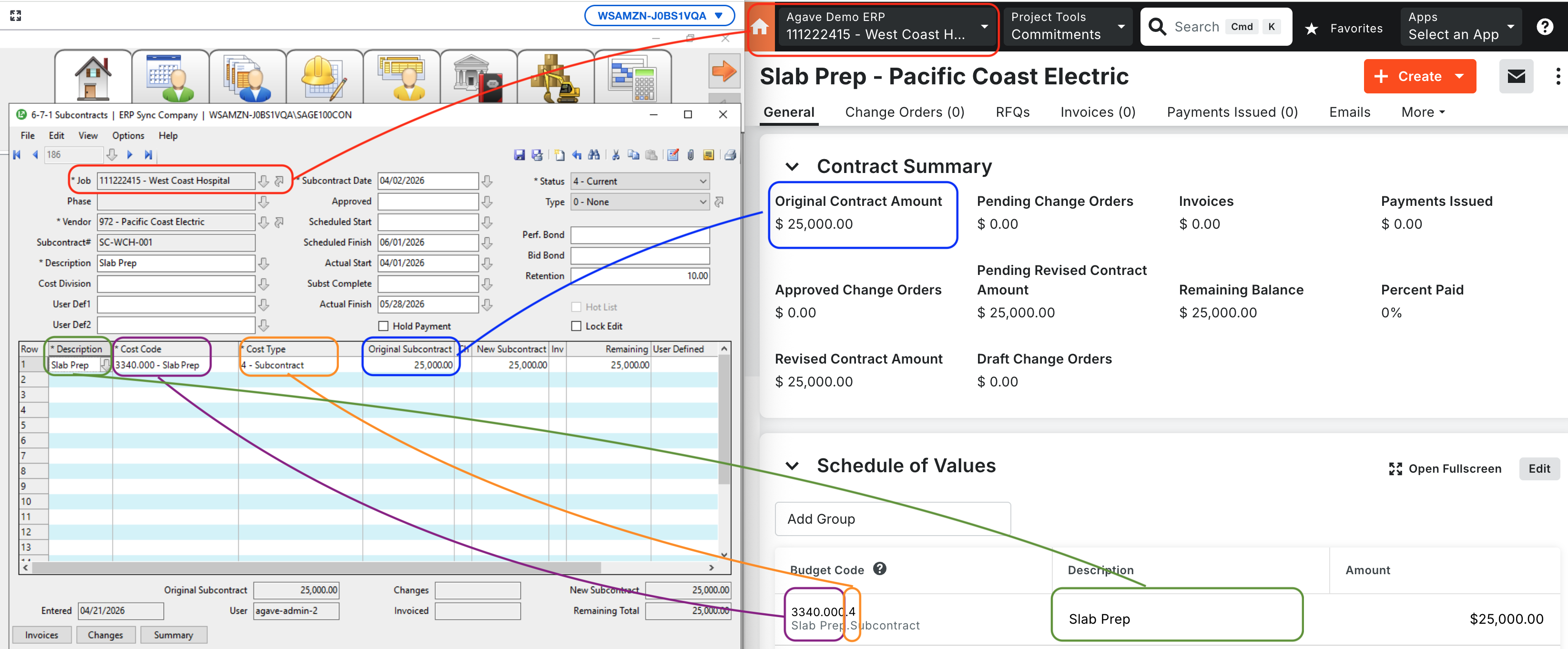 Procore and Sage 100 Subcontracts Mapping 2