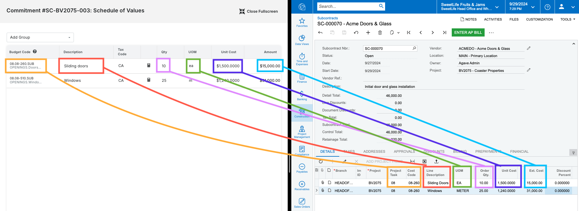 Procore and Acumatica Subcontracts Visual Mapping