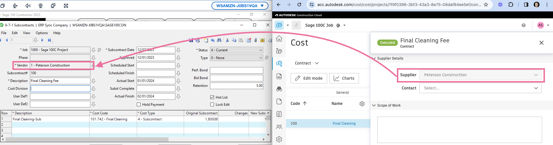 Autodesk Build and Sage 100 Subcontracts Mapping