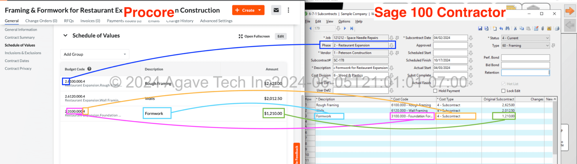 Procore and Sage 100 Subcontracts Mapping 3