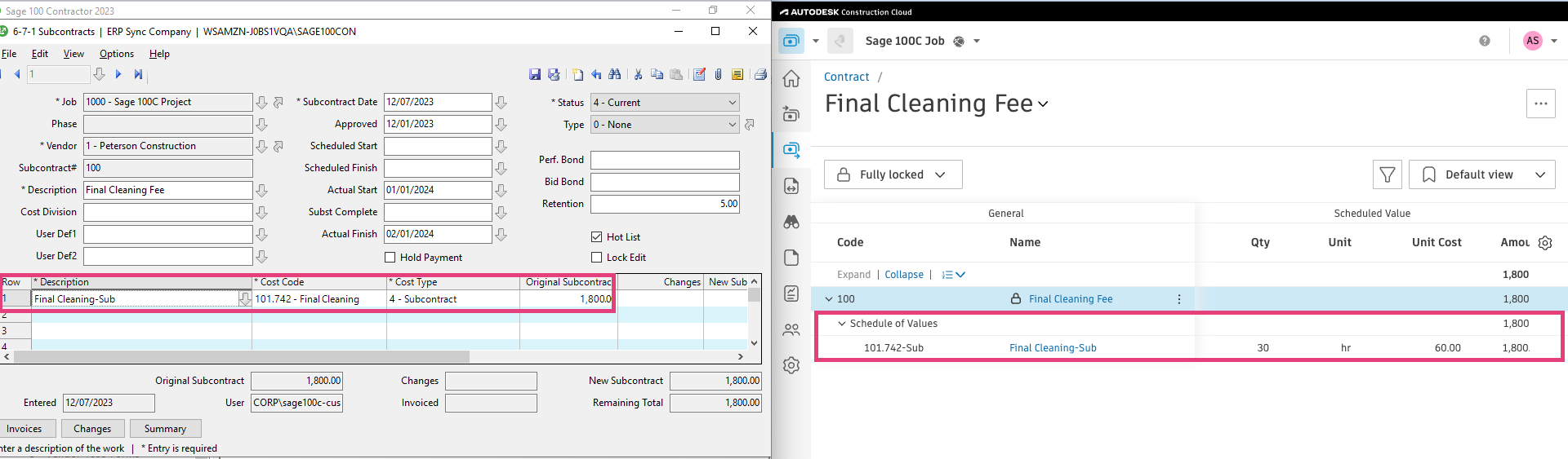 Autodesk Build and Sage 100 Subcontracts Mapping