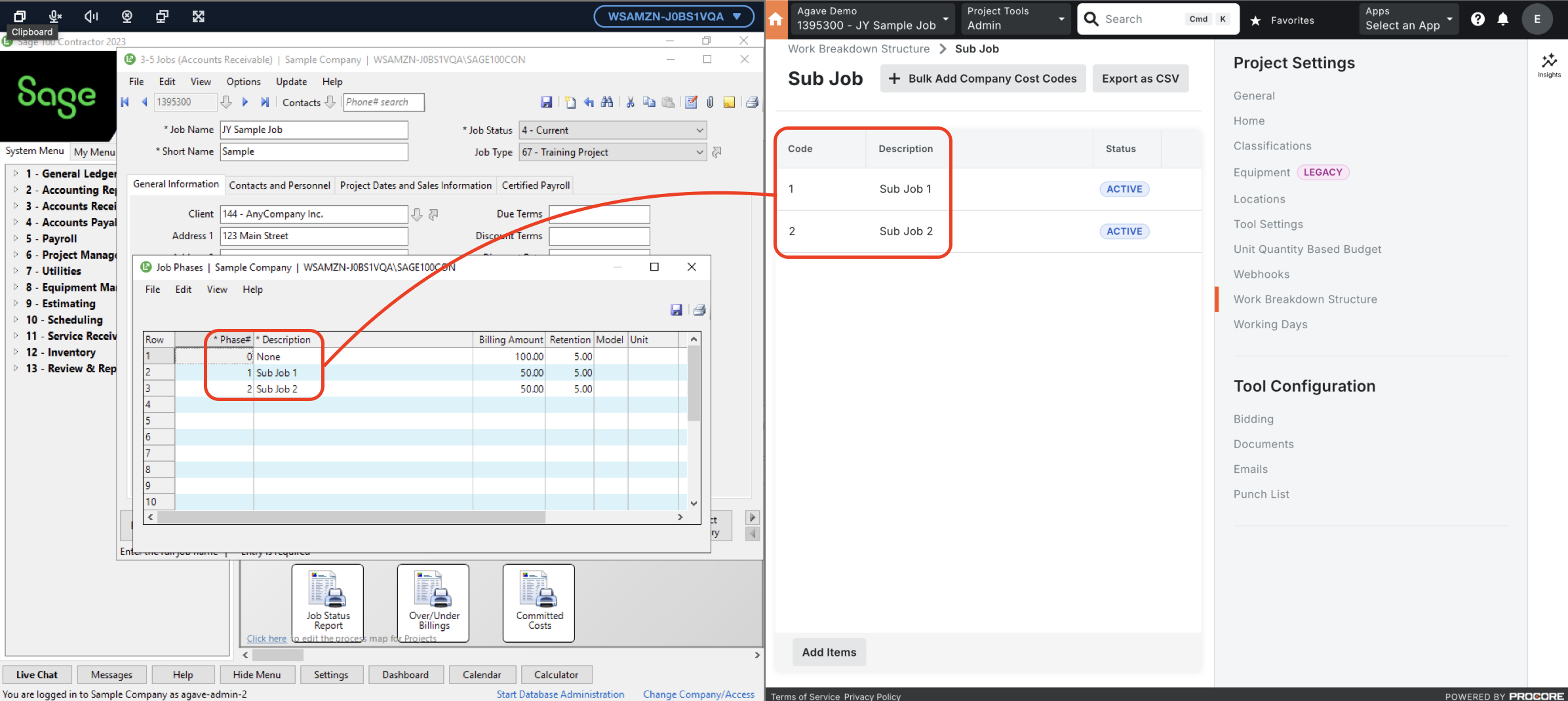Procore and Sage 100 Sub Jobs Mapping