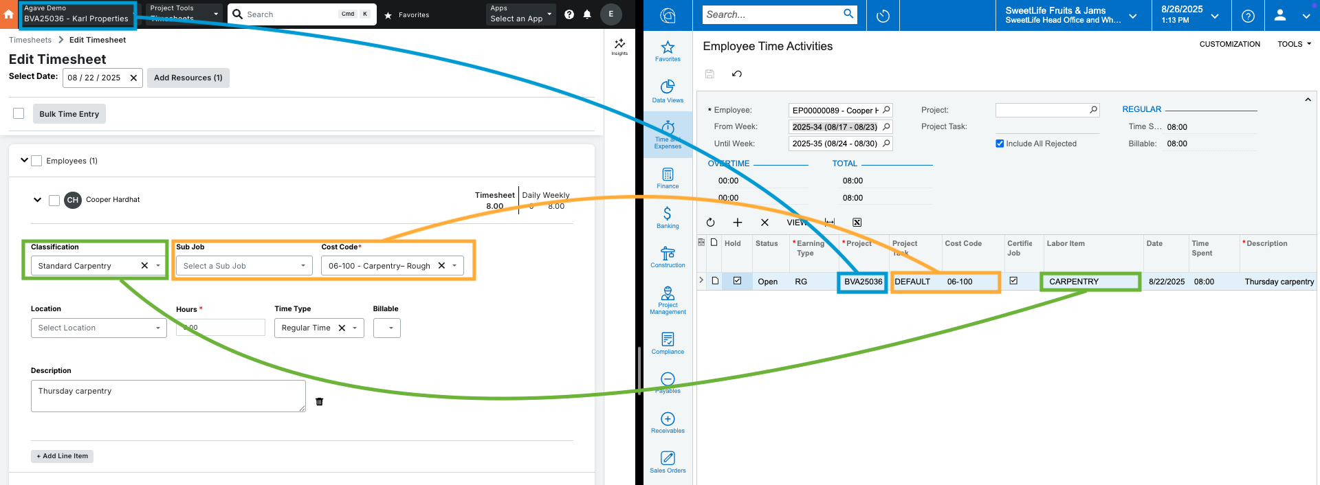 Procore and Acumatica Timecard Entries Visual Mapping