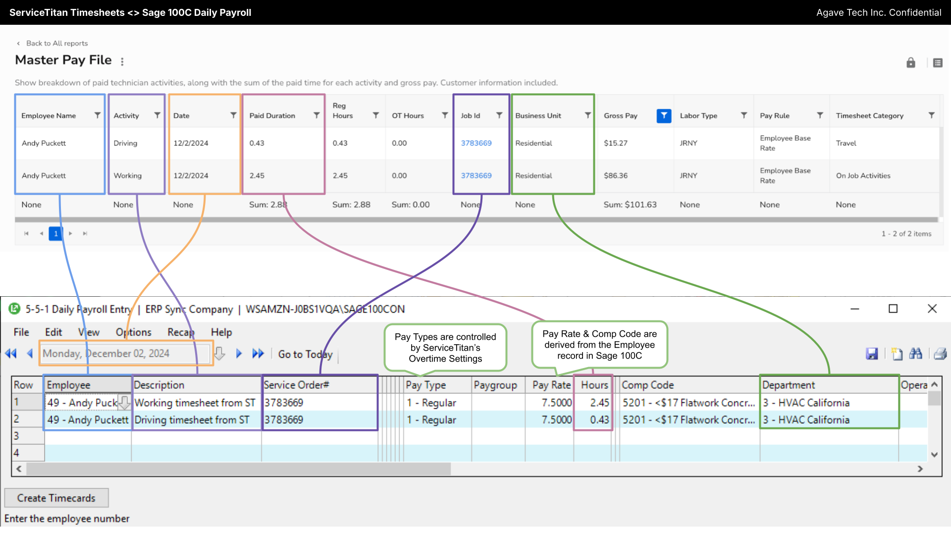 ServiceTitan and Sage 100 Contractor Timecards Visual Mapping