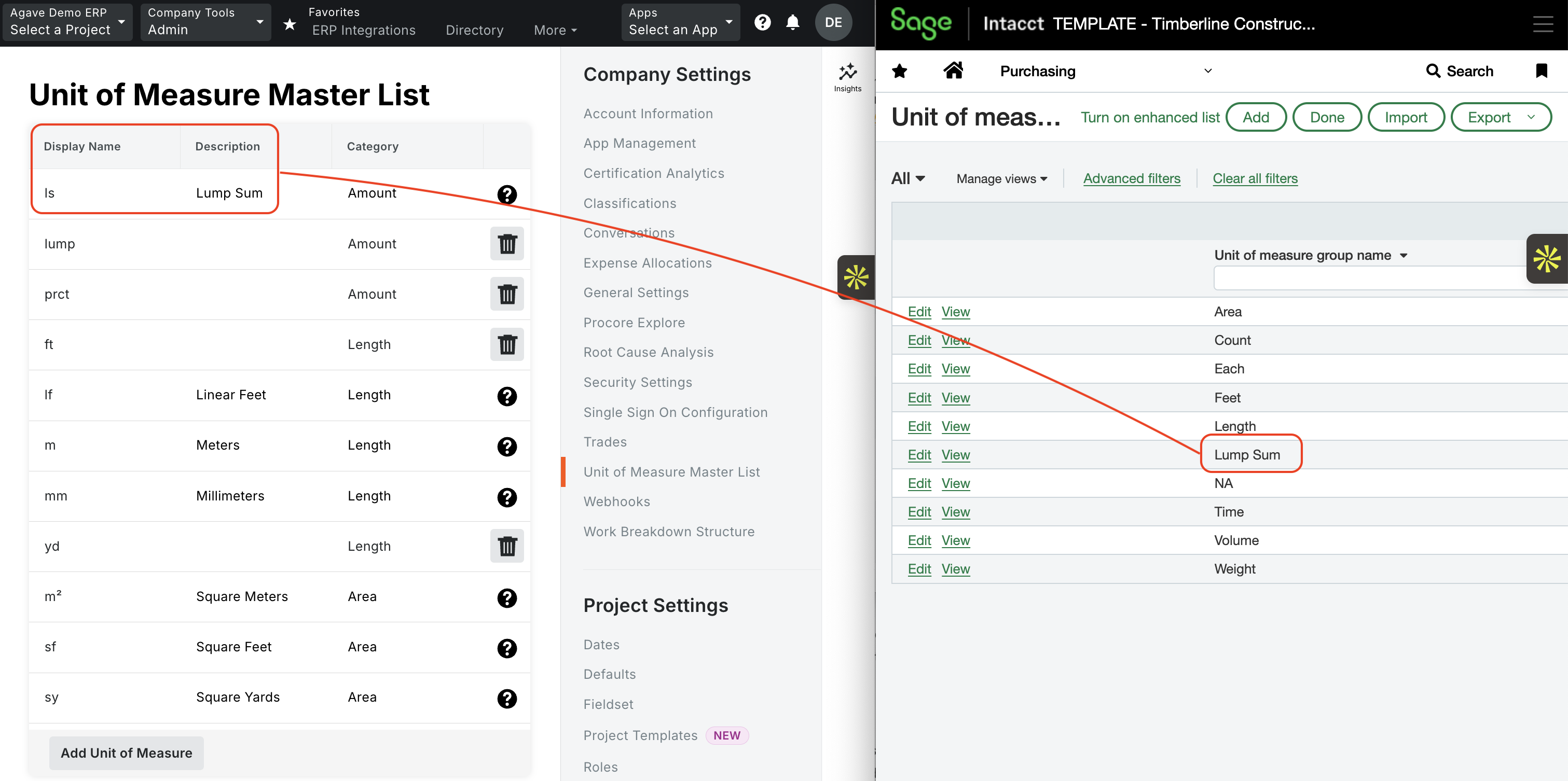 Procore and Sage Intacct Visual Mapping