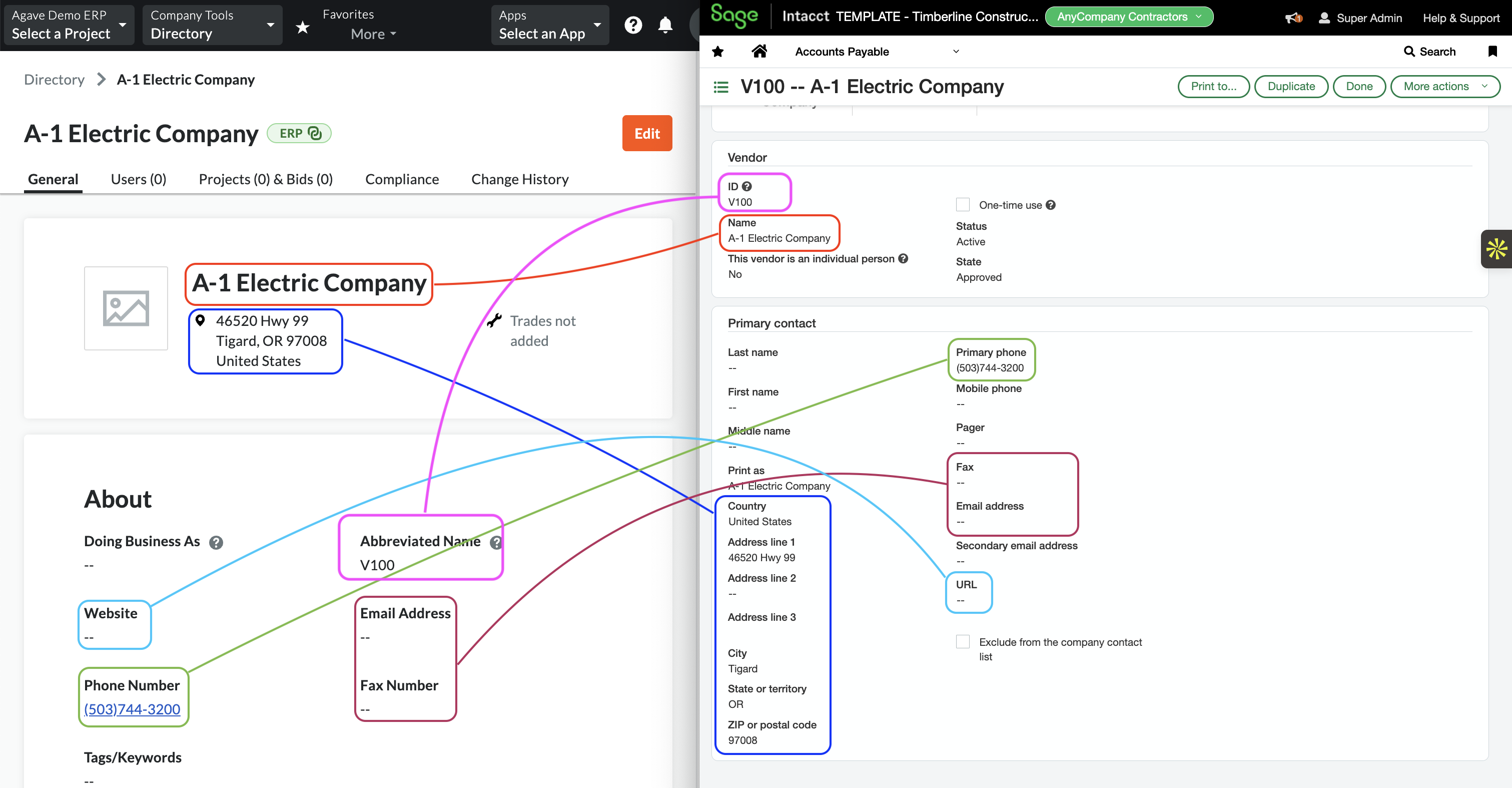 Procore and Sage Intacct Visual Mapping